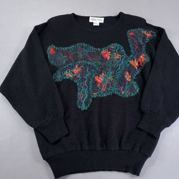 Vintage 80s Donna Toran Embroidered Sweater Womens Small Black Shoulder Pads - Picture 1 of 11